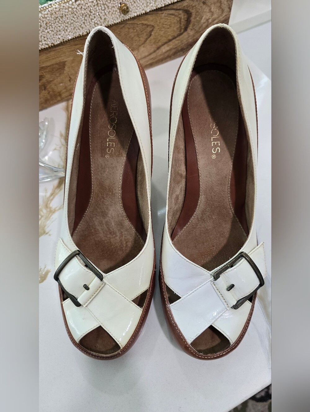 AEROSOLES White Leather Buckle Peep-Toe Flats